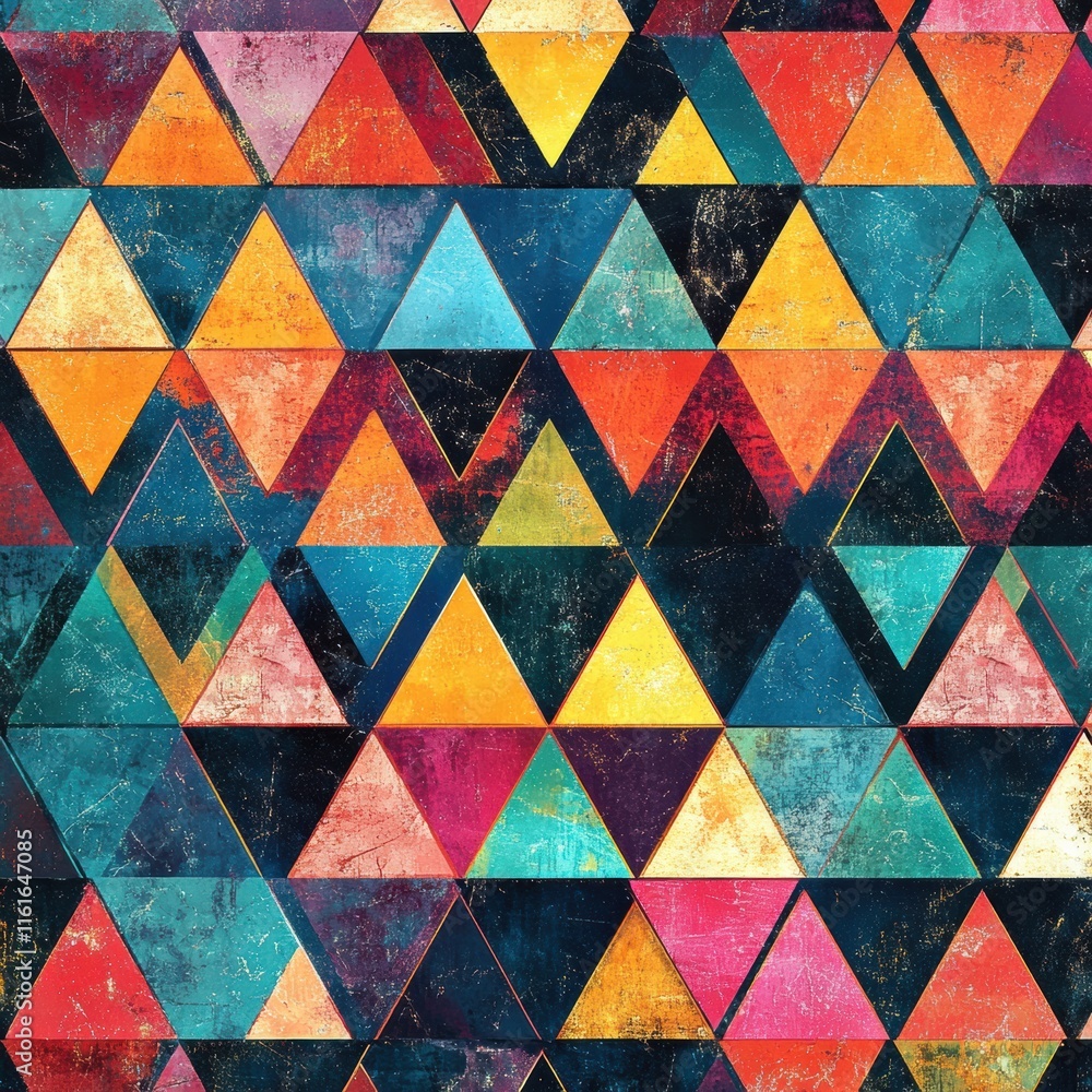 Poster Mosaic inspired pattern of colorful triangles forming an abstract design in a dynamic arrangement. Generative AI