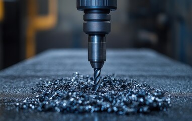 Precision Drilling: A mesmerizing close-up of a drill bit piercing metal, creating a swirling vortex of metallic shavings.