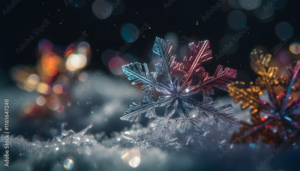 Poster iridescent snowflakes on snow with bokeh lights