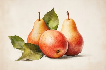 Illustration of vintage pear fruits with leaves on white paper