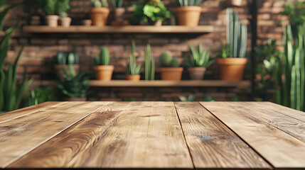 Wooden Table with Blurred Background of Potted Succulents and Cacti on Shelves
