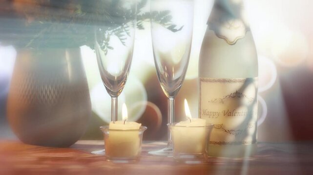 Happy Valentine's Day greetings. Flowers and champagne on a festive background.