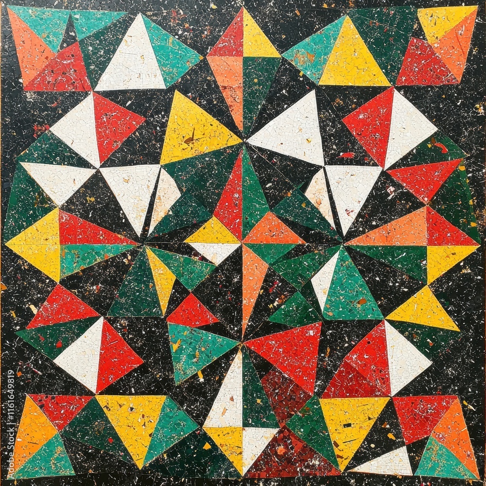 Poster mosaic inspired pattern featuring vibrant triangles on a textured surface in a lively artistic displ
