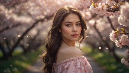 Elegant Woman in Cherry Blossom Garden
