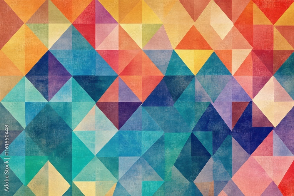 Poster Vibrant mosaic pattern of colorful triangles creating an abstract texture suitable for various design projects. Generative AI