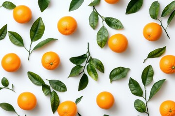Isolated ripe oranges with branches and leaves on a white backdrop