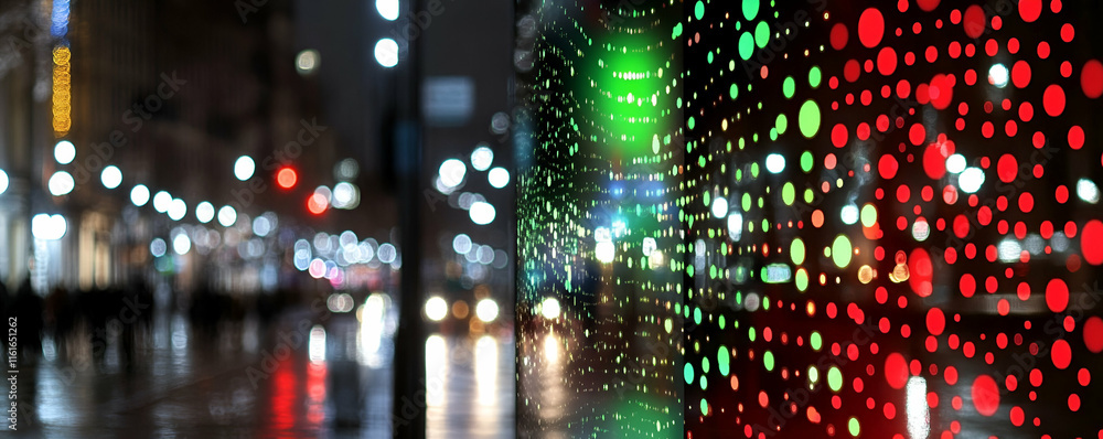 Poster city nightscape, illuminated urban scene with dynamic light patterns reflecting on a wet surface, cr