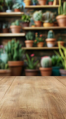 Fototapeta premium Wooden Surface with Blurred Background of Potted Plants on Shelves