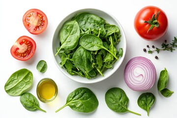 Obraz premium Isolated white bowl with a summer salad of tomatoes spinach onions and greens drizzled with oil suitable for lunch or dinner Vegetarian dish viewed from above