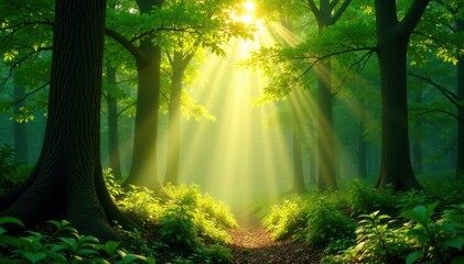Golden sunlight streams through emerald canopy, dappling forest floor , shadow, botanical, sunbeams