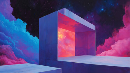 Monumental geometric portal structure among surreal pink clouds, Futuristic minimal architectural scene