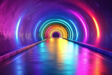 3D render of a colorful, glowing rainbow road in a tunnel