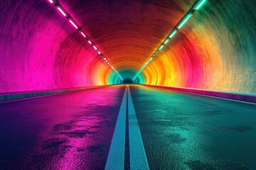 3D render of a colorful, glowing rainbow road tunnel background with light and shadow
