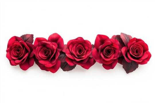 Line of red roses on a white background Flat lay