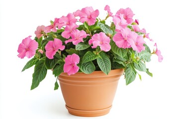 Fototapeta premium Lovely impatiens in a clay pot against a white background