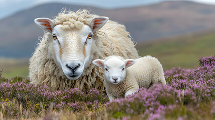 Fototapeta premium Ewe and Lamb in Heather, Pastoral Scene of Motherly Protection in Spring