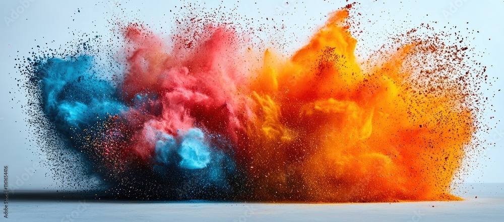 Poster a vibrant explosion of colored powders creating a dynamic visual effect.