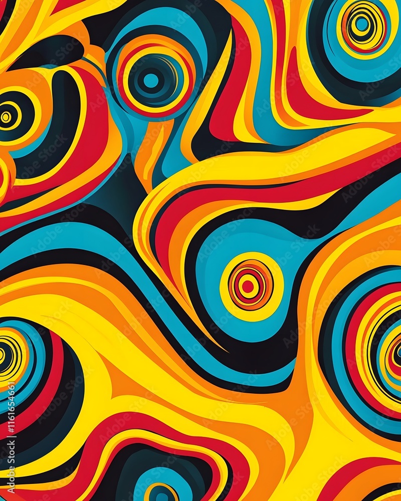 Poster abstract composition with swirling shapes and concentric circles