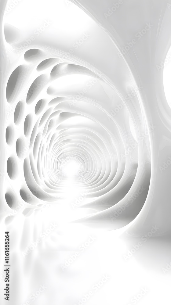 Poster three-dimensional rendering of white spiraling tunnel with perforated walls