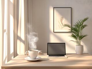 Fototapeta premium clean minimalistic home office desk modern laptop coffee cozy professional productivity comfort creativity efficiency Working culture chill happy enjoy workplace work life balance