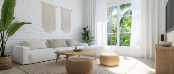Cozy bohemian living room with white brick wall, natural light, and plants. serene space for relaxation and comfort