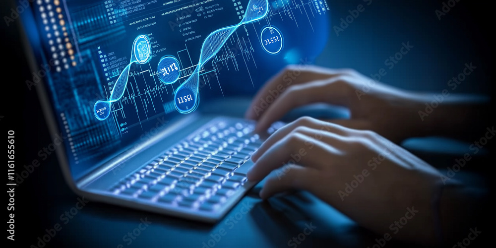 Poster Programmer developing innovative software using laptop and futuristic technology