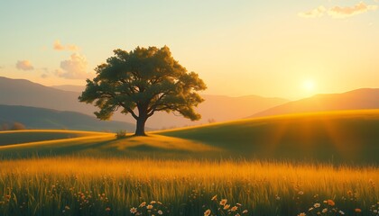 Fototapeta premium Serene Sunrise over a Wildflower Meadow with Majestic Tree