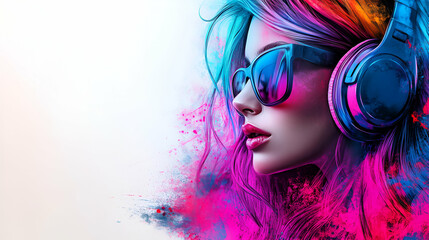 Obraz premium Vibrant Woman with Headphones Enjoys Music Passionately