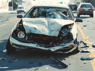 Tragic silver car collision photograph twisted metal shattered glass pavement city road devastation violence impact damage transport injury disaster catastrophe insurance trouble incident speeding