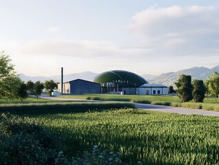 Modern Biogas Facility Surrounded by Green Fields and Mountains