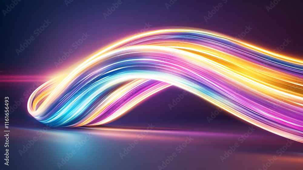 Poster abstract colorful light trails flowing dynamically across dark background, evoking a sense of energy