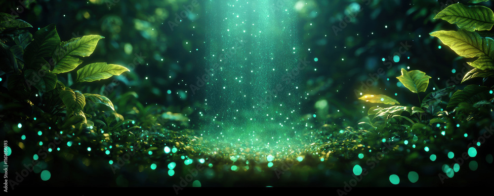Poster a serene forest scene with ethereal light beams illuminating green foliage and shimmering particles,