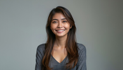 Fototapeta premium In business casual attire, an Asian woman exudes confidence and professionalism, her modern style fitting for work or formal occasions.