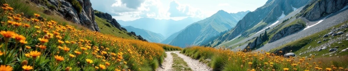 Fototapeta premium Deserted Alpine path amidst rocky outcrops and wildflowers in summer, nature, wildflowers, isolated