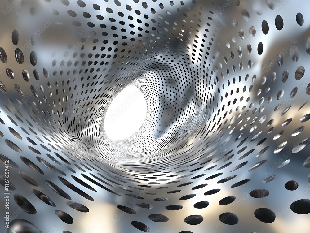 Poster three-dimensional rendering of perforated metal tunnel