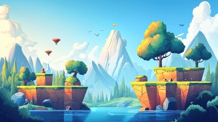 Cartoon Landscape with Mountains, Cliffs, and a River