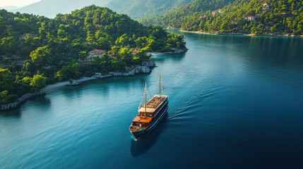 serene aerial view of ship sailing through calm waters, surrounded by lush green hills and coastal vegetation. tranquil scene captures beauty of nature and maritime adventure