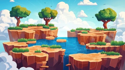 Obraz premium Cartoon Landscape with Floating Cliffs, Trees, and a Waterfall
