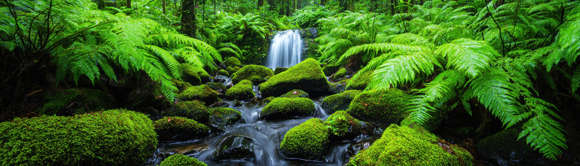 A serene forest scene featuring lush green ferns surrounding a gentle waterfall flowing over moss-covered rocks.