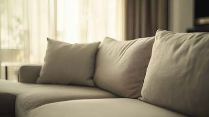 Fototapeta premium close up view of modern sofa with soft cushions in bright, clean living space, creating cozy and inviting atmosphere