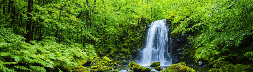 A serene forest scene featuring a cascading waterfall surrounded by lush greenery and ferns, evoking tranquility and natural beauty.