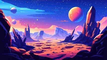 Fototapeta premium A View of a Distant, Starry, Alien Landscape with a Red Planet in the Sky