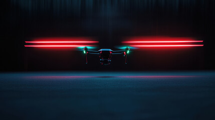 sleek FPV racing drone with vibrant red and green lights hovering in dark environment, showcasing its advanced design and technology