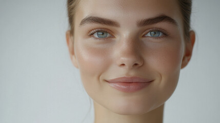 smiling girl with clear skin and blue eyes on white background, radiating happiness and confidence. Her natural beauty shines through in this close up portrait