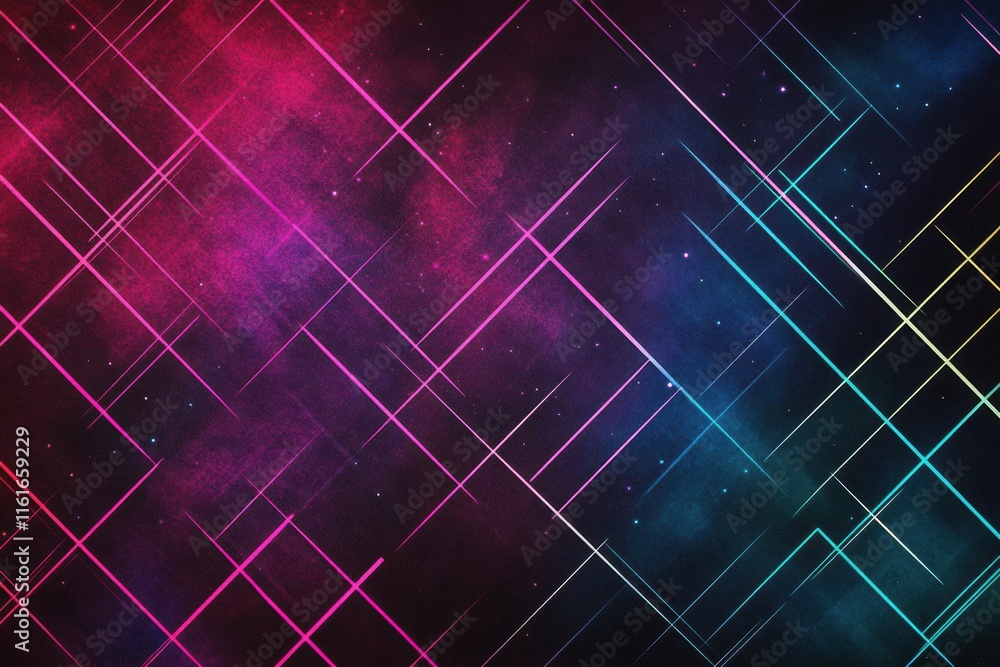 Poster Retro 1990s grid pattern featuring vibrant colors and cosmic background with intersecting lines and starry elements. Generative AI