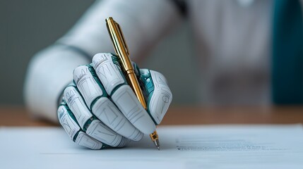 A Robotic Hand Engaging in Ethical AI Governance Through a Pen on Paper Document Signing Process. Generative AI Governance Guideline Concept