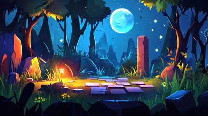 Obraz premium Illuminated Stone Pathway in a Nighttime Forest Under a Blue Moon