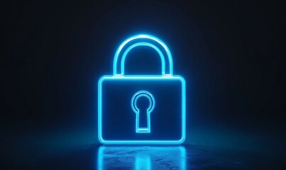 Glowing neon blue padlock icon on dark background.