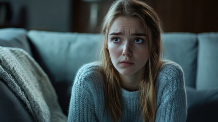 Obraz premium young woman with worried expression sits on couch, wearing cozy sweater. soft lighting creates calm atmosphere, enhancing her contemplative mood
