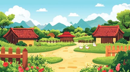 Obraz premium A Rustic Countryside Scene with Two Houses, a Winding Path, and Ducks